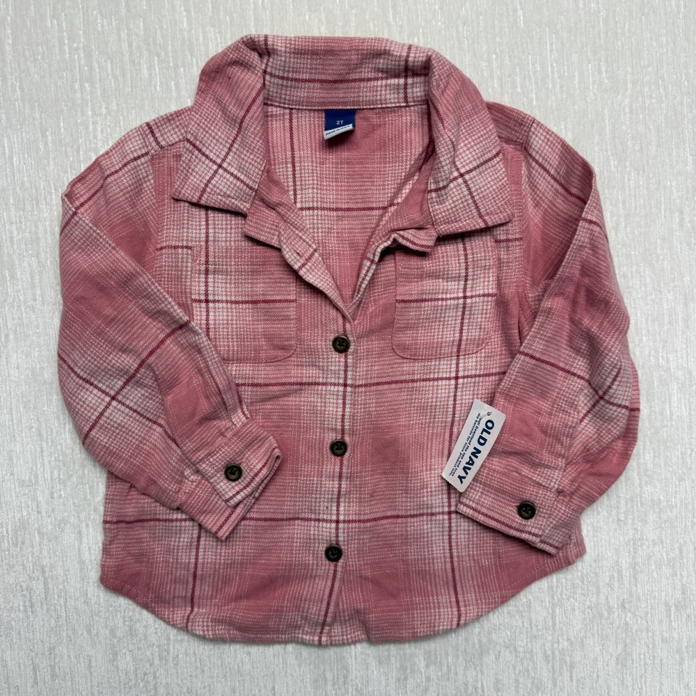 Old Navy Flannel Shirt Toddler Girls 2T Pink Cotton Plaid Pockets Camp Collar